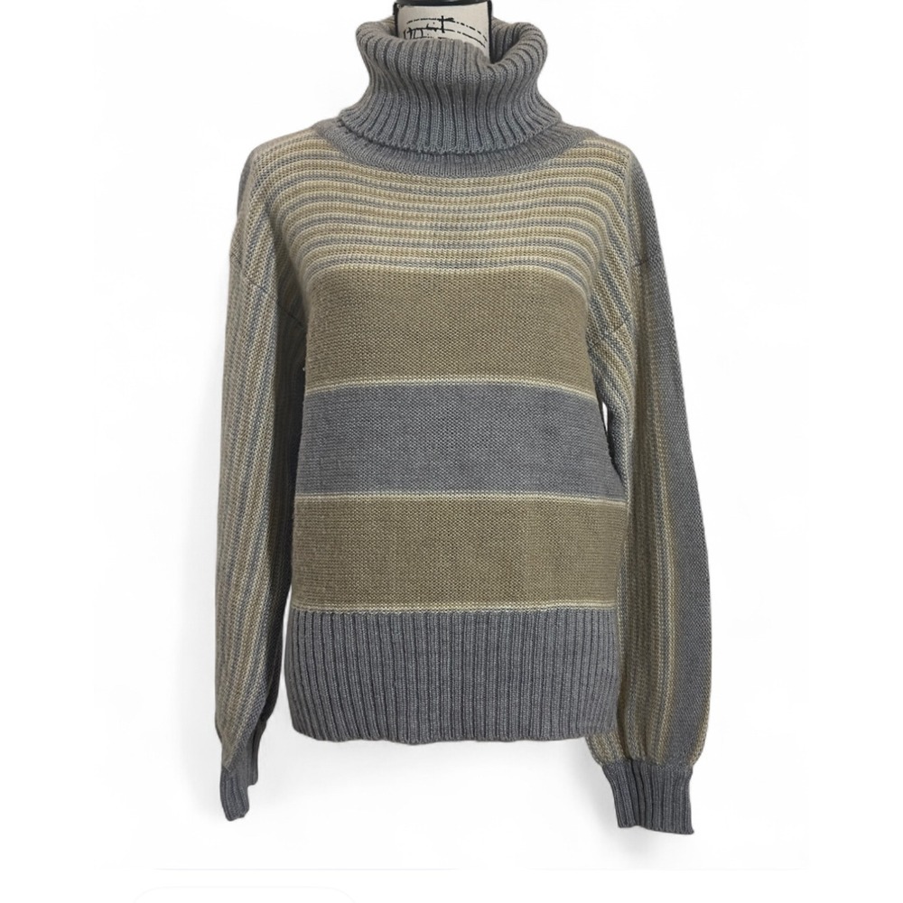 Striped Turtleneck Sweater Pullover Knitwear Neutral Tones Cozy Comfy‎ Size M